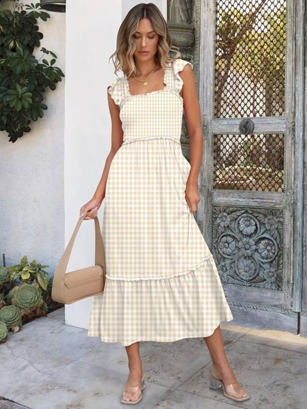 ANRABESS Womens Sleeveless Maxi Dress Square Neck Smocked Boho Casual Ruffle